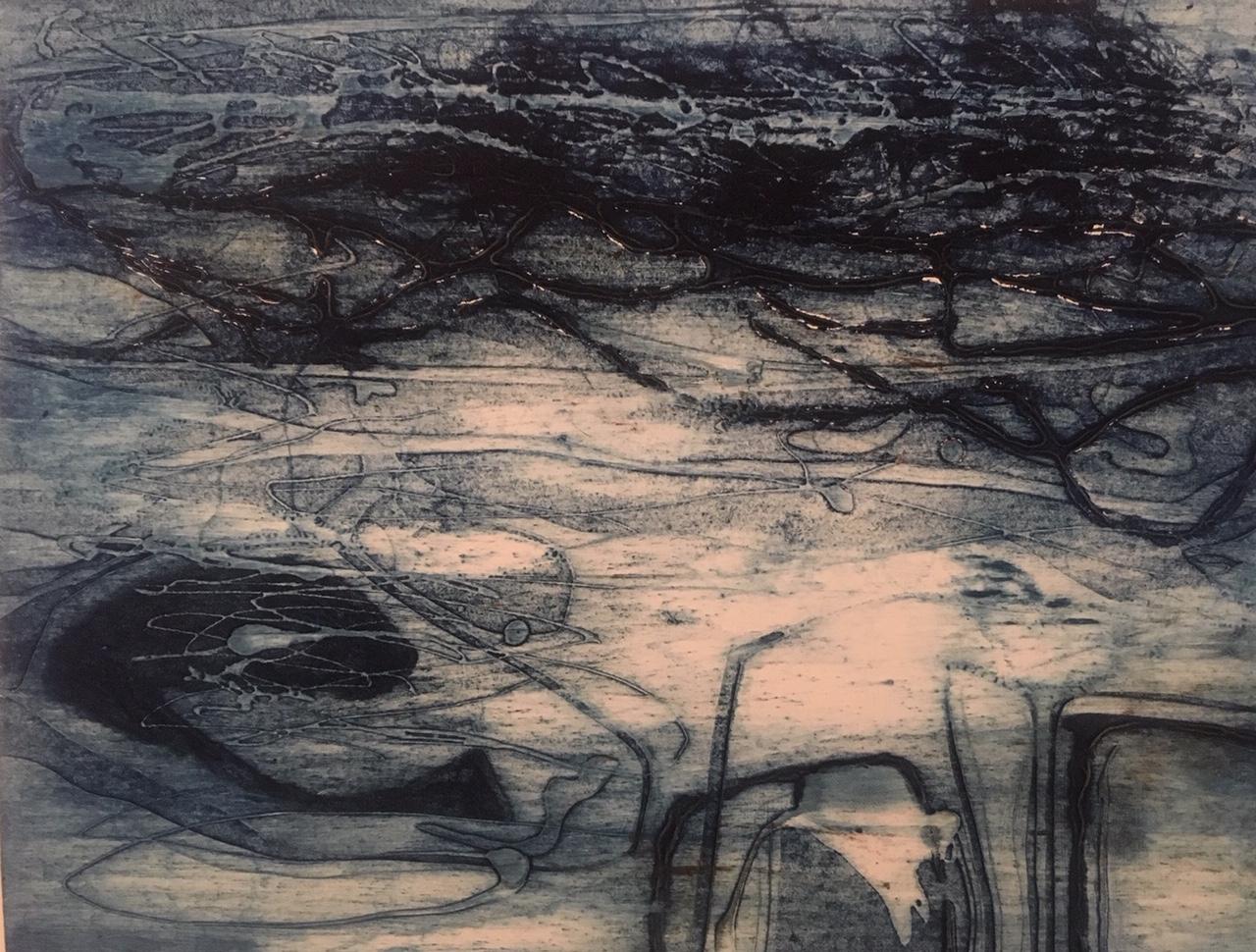 Collagraph print in beige and black swirls